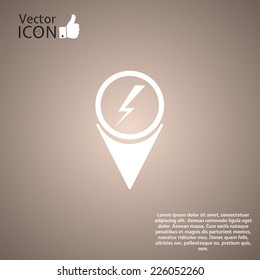 Map pointer with lightning icon. Made in vector