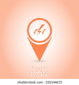 Map pointer with lightnings icon. Flat design style. Made in vector