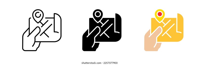 Map with pointer line icon. Competition, map, geography, place, goal, mark, path, race, performance, designation. competition concept. Vector icon in line, black and colorful style on white background