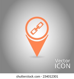 Map pointer with link icon. Sign of the chain. Flat design style. Made in vector illustration