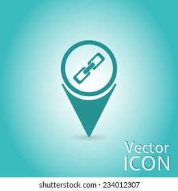 Map pointer with link icon. Sign of the chain. Flat design style. Made in vector illustration