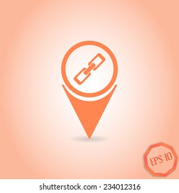 Map pointer with link icon. Sign of the chain. Flat design style. Made in vector illustration