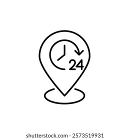 Map pointer. Location pin with 24 hour symbol. Always open services or businesses. Pixel perfect vector icon