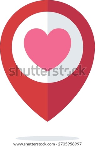 Map pointer location pin icon with heart symbol, favorite place flat vector.