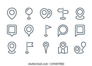 Map Pointer and Location Pin line icons. Place and Landmark vector linear icon set.