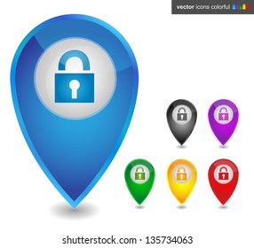 Map pointer with lock, icon colorful