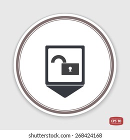 Map pointer. Lock is open icon. Flat design style. Made vector illustration. Emblem or label with shadow.