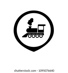 Map pointer with locomotive icon. Index of rail traffic.Vector illustration.train station here