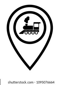 Map pointer with locomotive icon. Index of rail traffic.Vector illustration.train station here