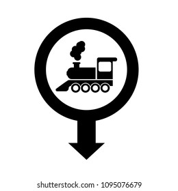 Map pointer with locomotive icon. Index of rail traffic.Vector illustration.train station here