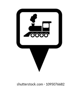 Map pointer with locomotive icon. Index of rail traffic.Vector illustration.train station here