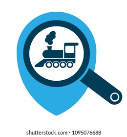 Map pointer with locomotive icon. Index of rail traffic.Vector illustration.train station here