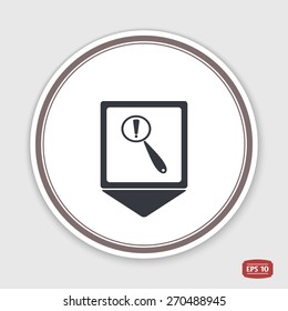 Map pointer. Magnifier with exclamation mark. Flat style. Made in vector. Emblem or label with shadow.