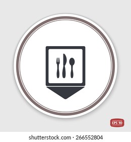 Map pointer. Magnifier with fork knife icon. Emblem or label with shadow. Flat design style. Made vector illustration