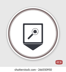 Map pointer. Magnifier with knife, plate and fork icon. Cafe restaurant. Emblem or label with shadow. Flat design style. Made vector illustrator