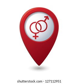 Map pointer with male female symbol. Vector illustration