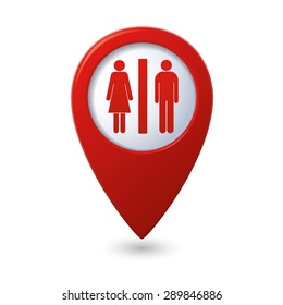 Map pointer with man and woman icon. Toilet, washroom, restroom, lavatory or WC sign. Vector illustration