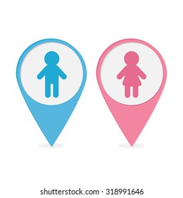 Map pointer.  Man Woman icon Pink and blue round markers.  Restroom symbol Isolated White background Flat design.  Vector illustration.