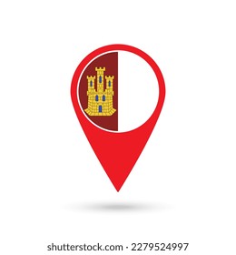 Map pointer with Castilla–La Mancha flag, autonomous community of Spain. Vector illustration.