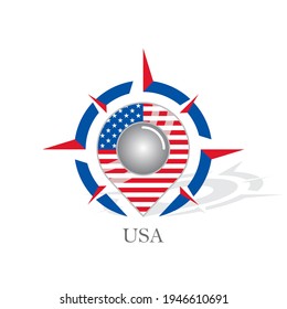 Map pointer or marker with compass and American flag icon. Travel USA logo.  Vector illustration.