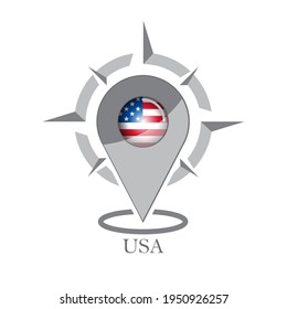 Map pointer or marker with compass and American flag icon. Travel USA logo.  Vector illustration.