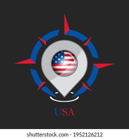 Map pointer or marker with compass and American flag icon. Travel USA logo.  Vector illustration.