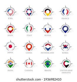 Map pointer or marker with compass and flags icons. Travel icon logo.  Vector illustration.