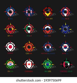 Map pointer or marker with compass and flags icons. Travel icon logo.  Vector illustration.