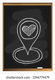 Map pointer marker on blackboard background. love search. 
love is near. Hand drawn vector illustration.
