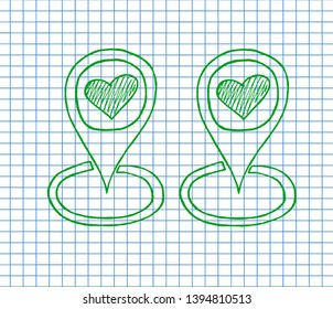 Map pointer marker on copybook background. love search. 
love is near. Hand drawn vector illustration.