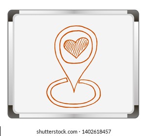 Map pointer marker on flip chart background. love search. 
love is near. Hand drawn vector illustration.