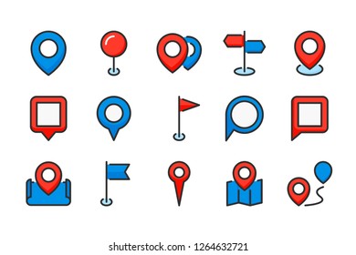Map pointer and marker pin color line icons. Location pin and map tag vector linear colorful icon set. Isolated icon collection on white background.