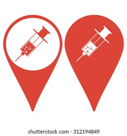 Map pointer. Medical syringe. Flat design style eps 10