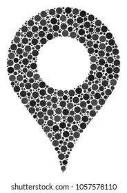 Map Pointer mosaic of round dots in various sizes and color tints. Circle elements are composed into map pointer vector collage. Vector design concept.