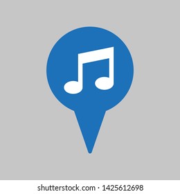 Map pointer with music icon on grey background.