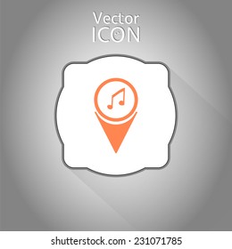 Map pointer with music note icon. Flat design style. Made in vector