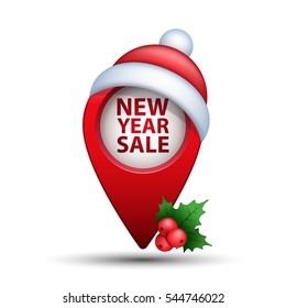 Map pointer with New Year Sale inscription, vector realistic red festive mark.