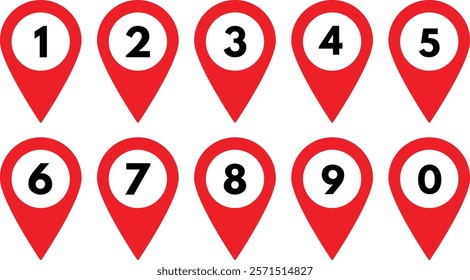 Map pointer with numbers isolated on white background . Location pin icons with numbers . Vector illustration