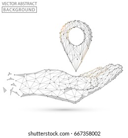 Map pointer on hand. Triangle map point and hand on gray background. Vector geometric illustration.