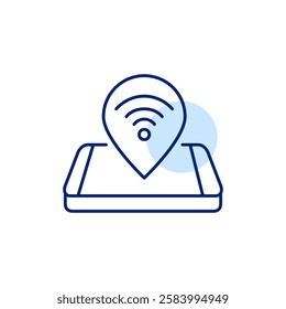 Map pointer on smartphone and wifi symbol. GPS navigation app. Location services. Pixel perfect, editable stroke icon