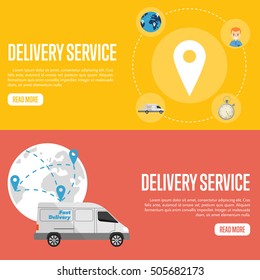 Map pointer on yellow background. White delivery truck on red background with globe. Delivery service website templates, vector illustration. Worldwide shipping and moving. International postage.