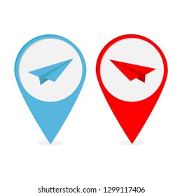 Map pointer with origami paper plane icon set. Red and blue marker. Flat design. White background. Isolated. Vector illustration