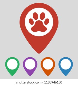 Map pointer with paw print icon on grey background. Vector illustration