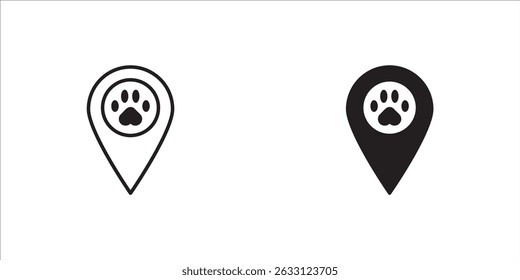 Map pointer paw print icon set. Dog paw print icon on location pin . Pet locator icon vector	