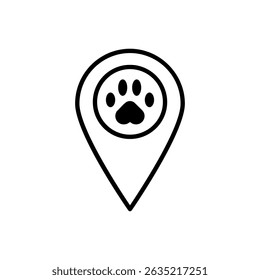Map pointer paw print icon . Dog paw print icon on location pin . Pet locator icon vector