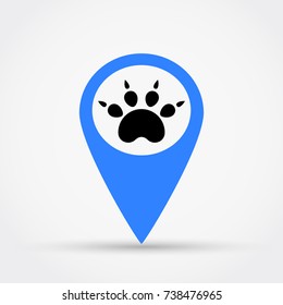 Map pointer with paw vector icon.