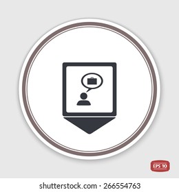 Map pointer. A person with a cloud. Case icon. Human thought bubble above his head. Emblem or label with shadow. Flat design style. Made in vector illustration