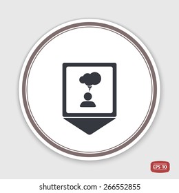 Map pointer. A person with a cloud. Human thought bubble above his head. Emblem or label with shadow. Flat design style. Made in vector illustration