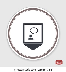 Map pointer. A person with a cloud. Information sign. The exclamation point. Human thought bubble above his head. Emblem or label with shadow. Flat design style. Made in vector illustration