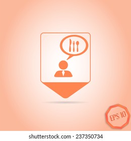 Map pointer - person with a cloud. Knife and fork icon. Human thought bubble above his head. Made in vector illustration